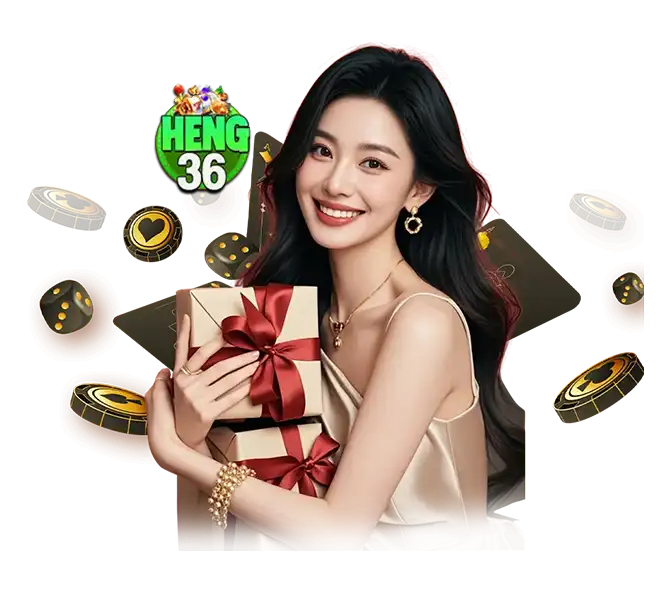 HENG36 สาวสวยชุดทองถือกล่องของขวัญ ล้อมด้วยไพ่และลูกเต๋าทอง